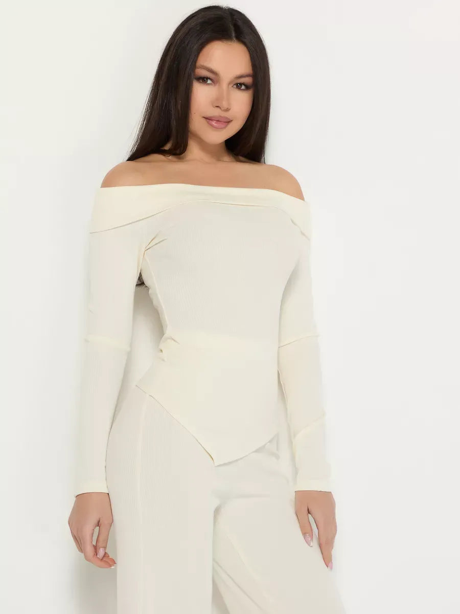 Ivory Two-Piece Set by Lauven featuring an off-shoulder ribbed bodysuit for women's stylish elegance.