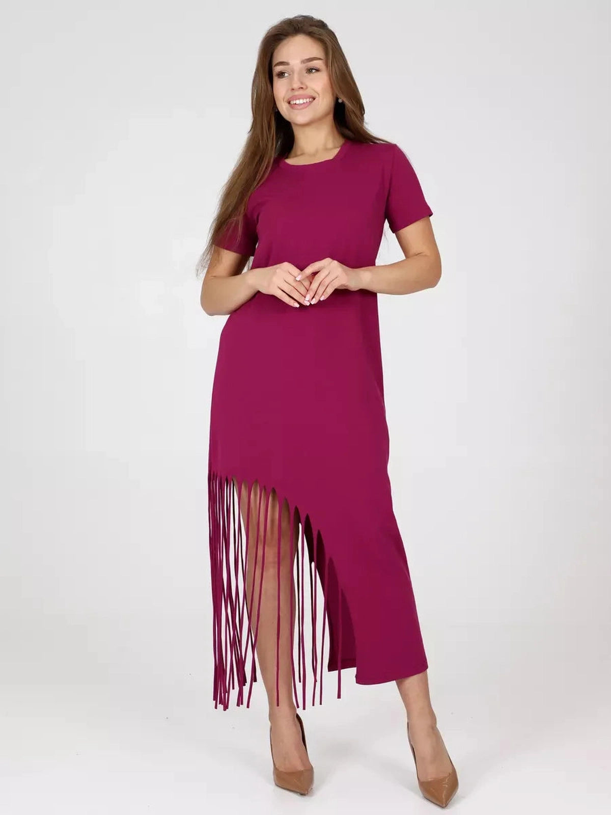 Riviera Midi Dress by Lauven featuring fringe hem and relaxed fit in vibrant magenta color.