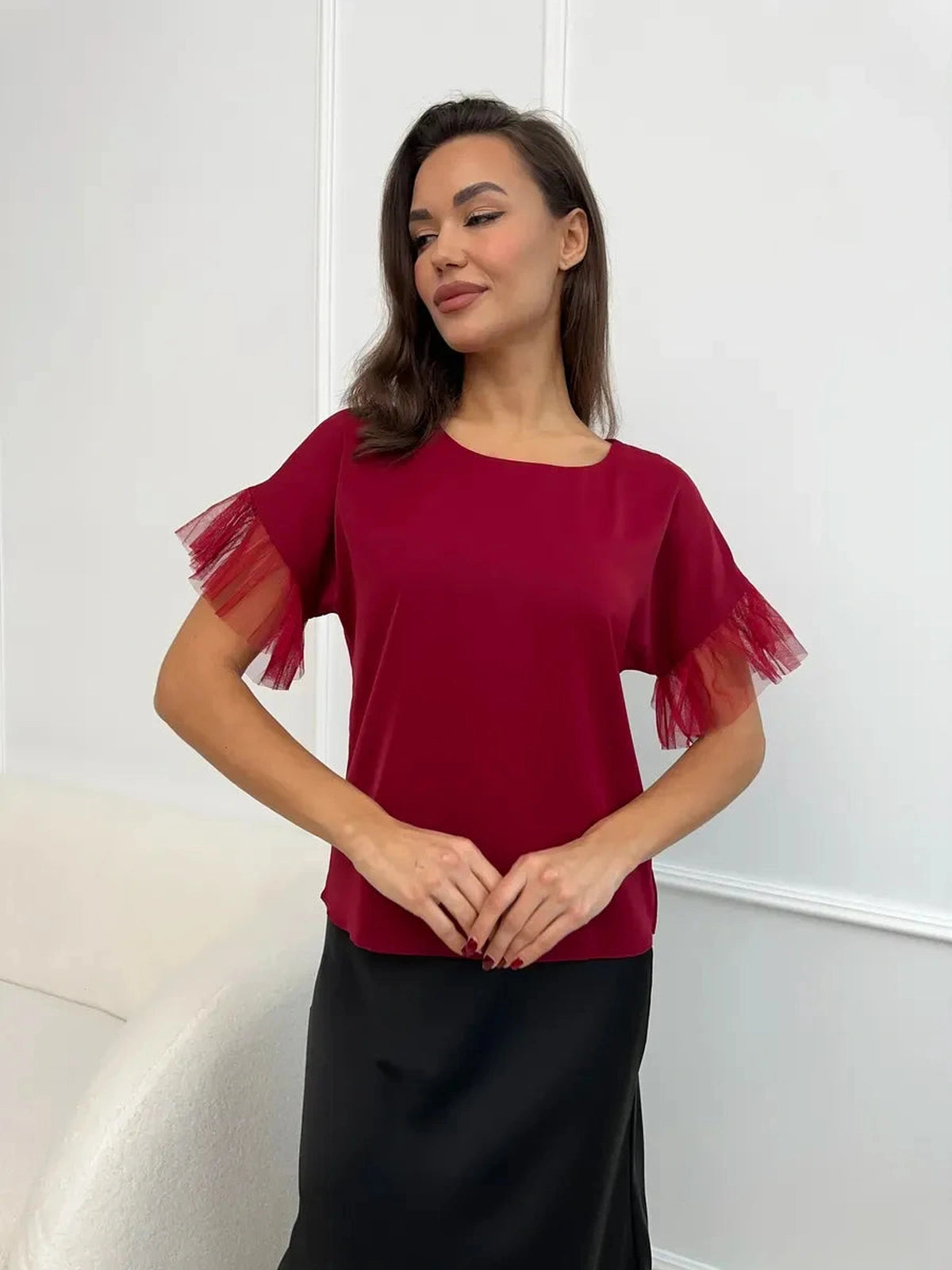 Velora Blouse by Lauven in burgundy with sheer ruffle sleeves, showcasing elegance and comfort.