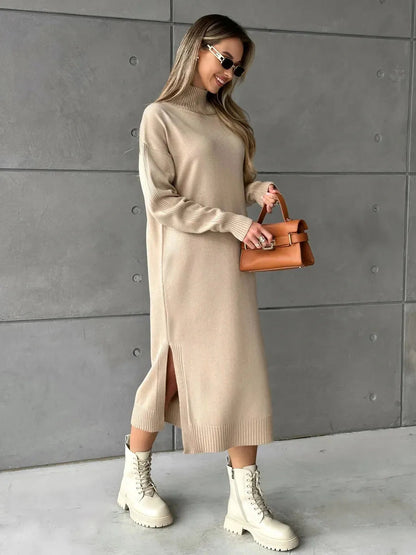 Seren Midi Dress by Lauven, showcasing minimalist knit elegance in classic beige with side slit and long sleeves.