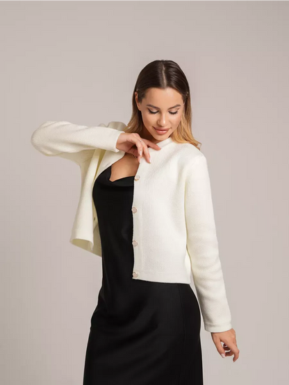Ivory Cardigan by Lauven — Chic creamy white short cardigan with decorative buttons and a relaxed fit.