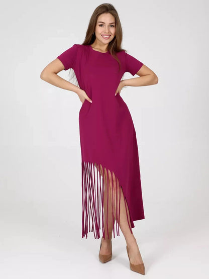 Riviera Midi Dress by Lauven in vibrant magenta, featuring a fringe hem and relaxed fit for casual elegance.