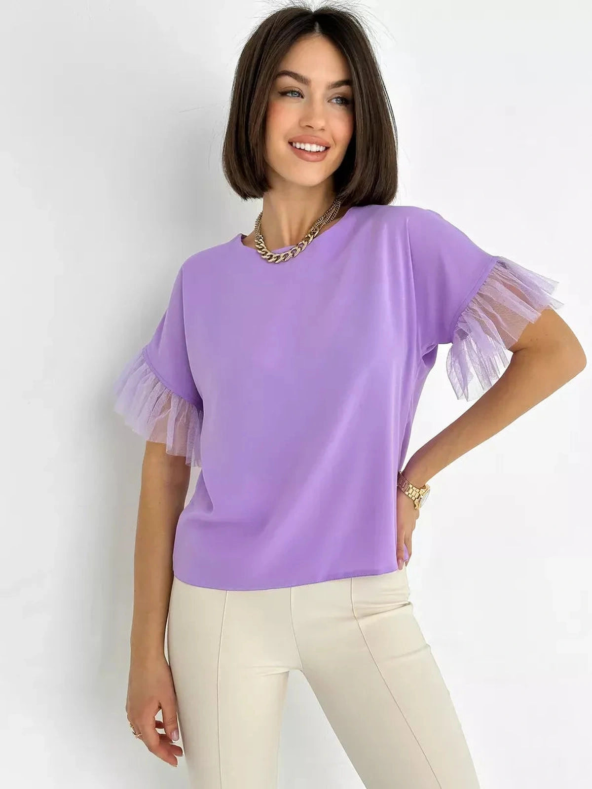 Lavande Blouse by Lauven in lilac with sheer ruffle sleeves, showcasing elegant style and comfort.