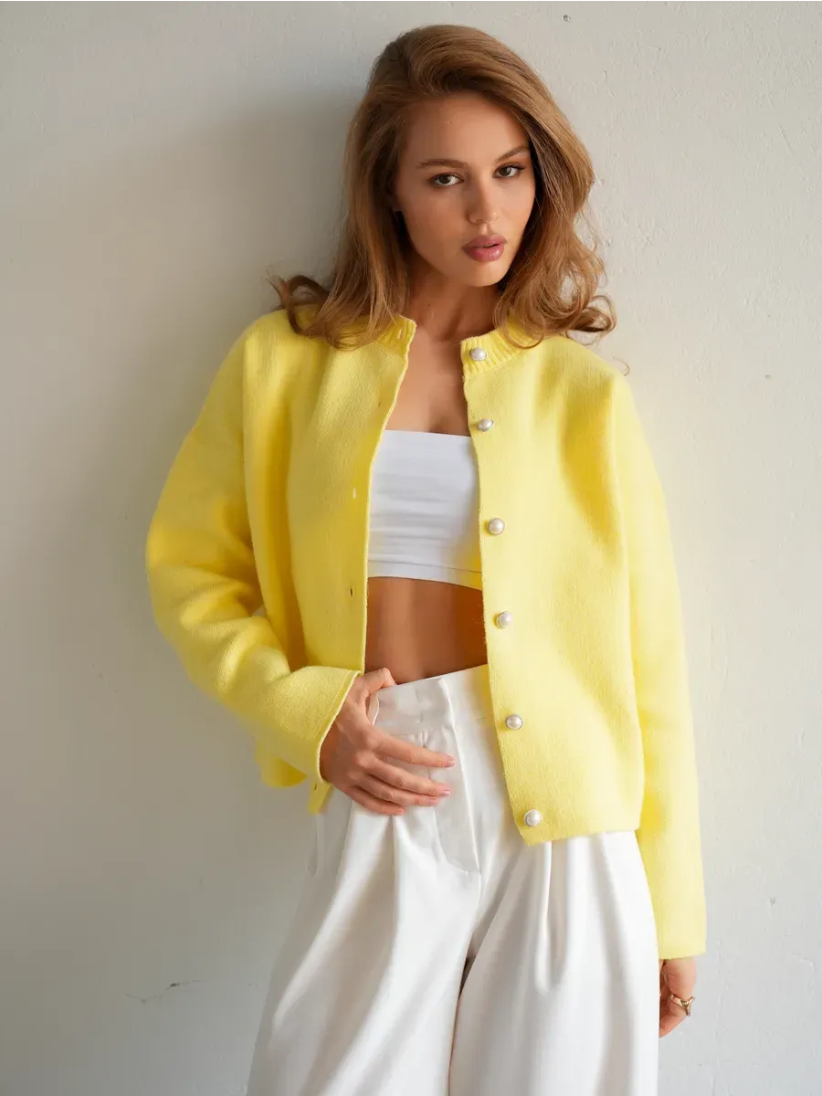Lemonade Cardigan from Lauven, warm yellow knitwear with button closure, perfect for school and office wear.