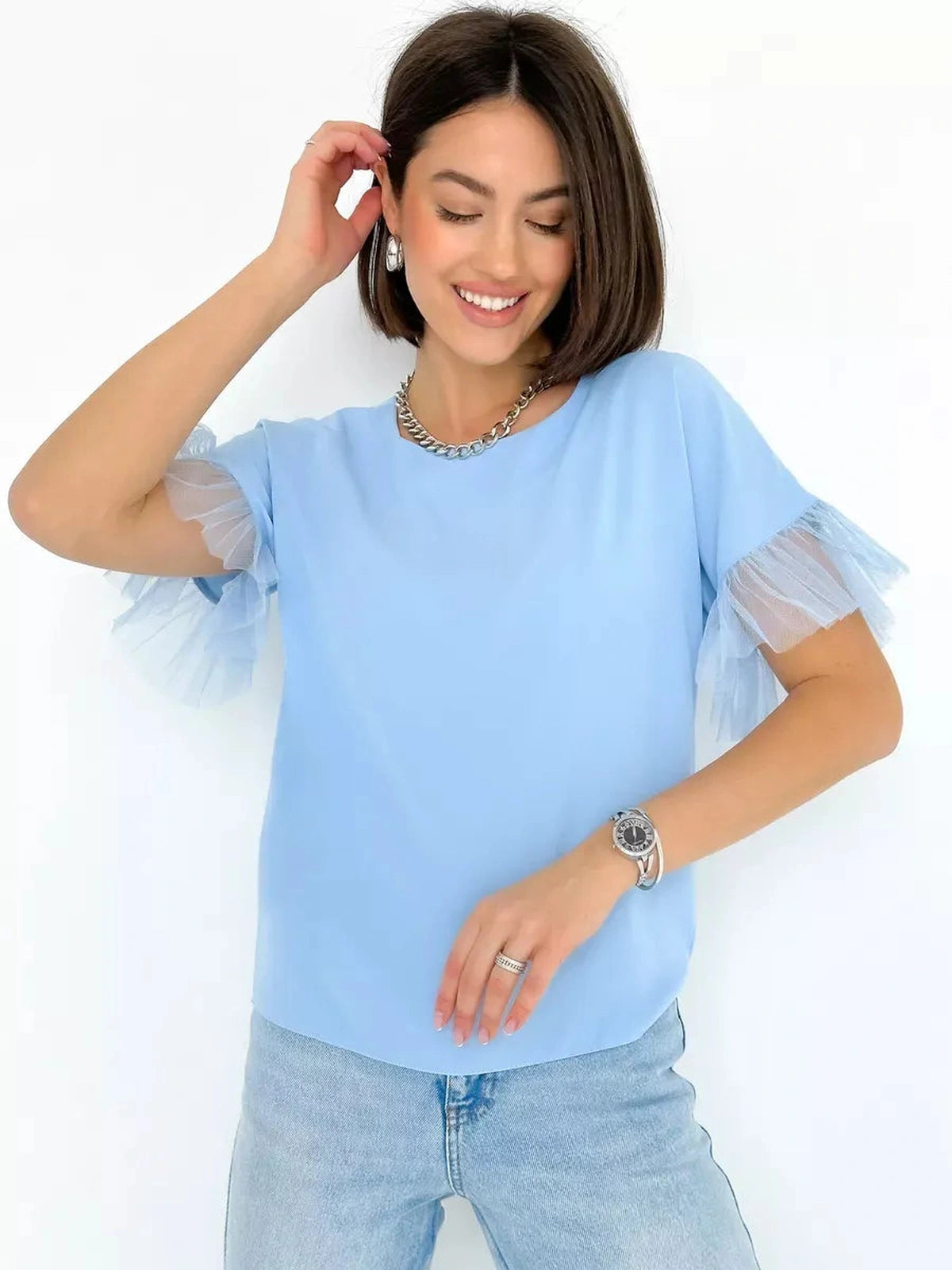 Celeste Blouse by Lauven - Light blue silky top with tulle sleeve details, perfect for casual and elegant occasions.