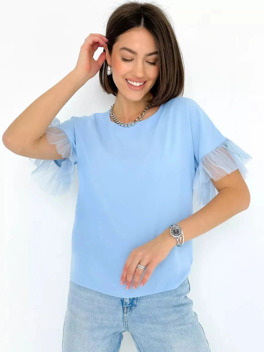 Celeste Blouse by Lauven - Light blue silky top with tulle sleeve details, perfect for casual and elegant occasions.