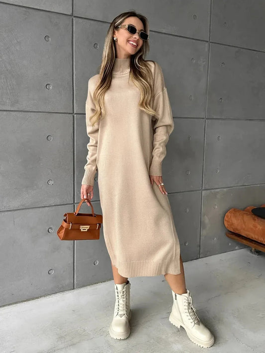 Seren Midi Dress by Lauven, showcasing minimalist knit sophistication in classic beige with a relaxed silhouette and side slit.