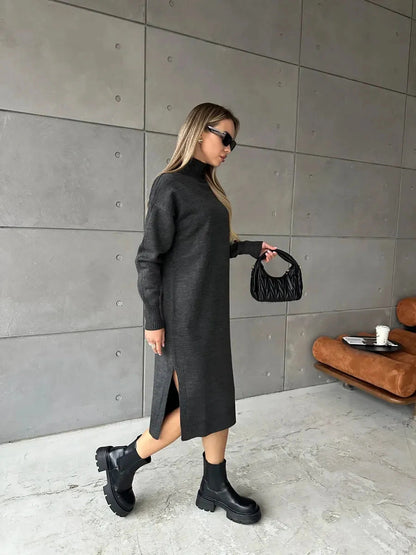 Asteria Midi Dress by Lauven featuring a cozy knit texture and side slit, perfect for a chic, modern look.