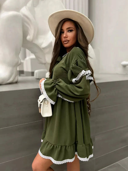 Olivea Mini Dress by Lauven features romantic ruffles and lace trim in a chic khaki design.