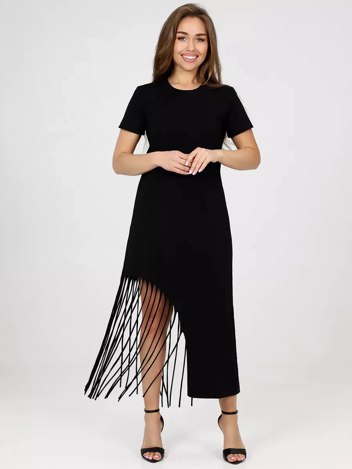 Noir Midi Dress by Lauven - Black cotton dress featuring fringe hem for a chic look.