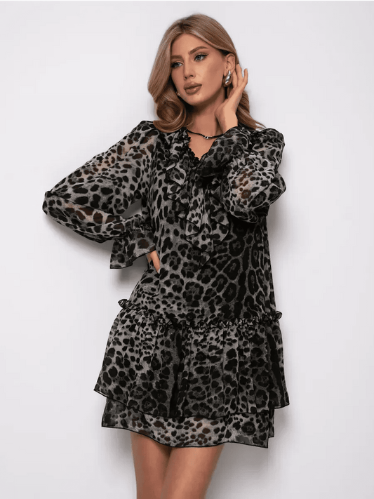 Lunara Mini Dress by Lauven, featuring a metallic gray leopard chiffon design with elegant A-line silhouette.