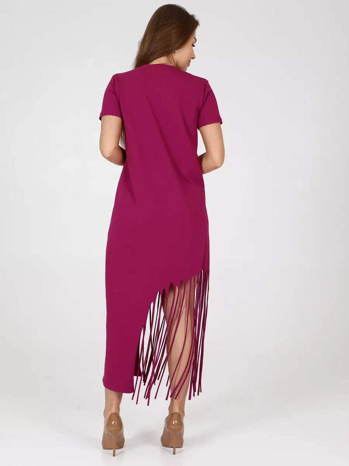Riviera Midi Dress by Lauven, showcasing a relaxed fit design with a unique fringe hem detail.