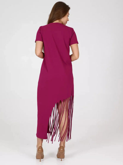 Riviera Midi Dress by Lauven, showcasing a relaxed fit design with a unique fringe hem detail.