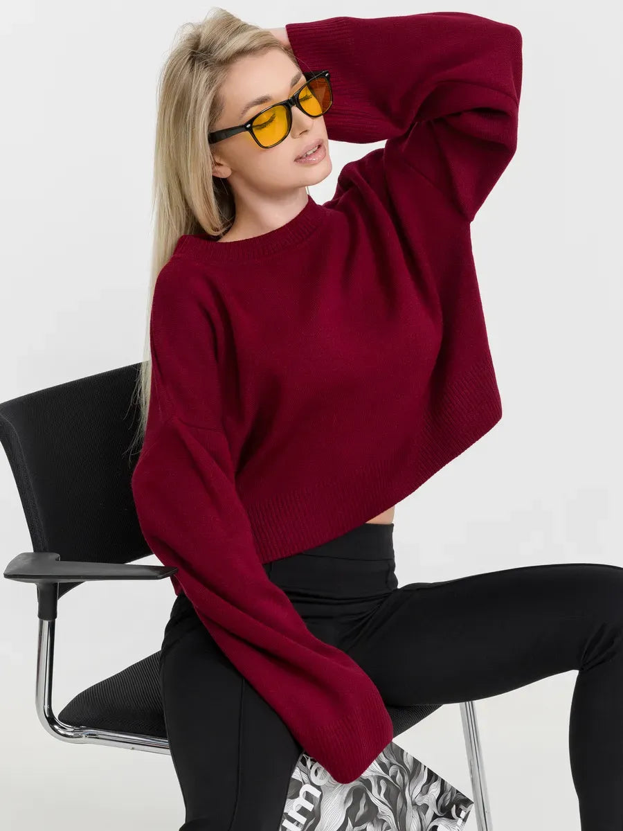 Marbella Sweater by Lauven in burgundy, showcasing modern minimalism and comfortable knitwear style.