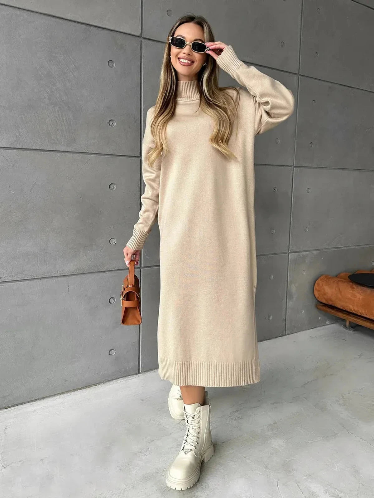 Seren Midi Dress by Lauven in classic beige with high-neck collar and relaxed silhouette.