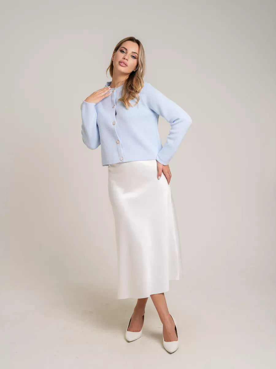 Celeste Cardigan by Lauven - Light Blue Short Loose Fit Knit with Decorative Buttons, perfect for a stylish autumn look.