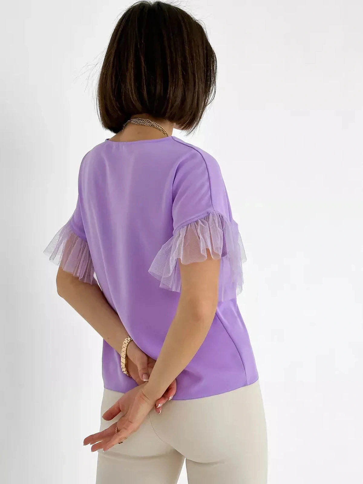 Lavande Blouse by Lauven - Lilac short sleeve blouse with sheer ruffle detail, showcasing relaxed elegance.