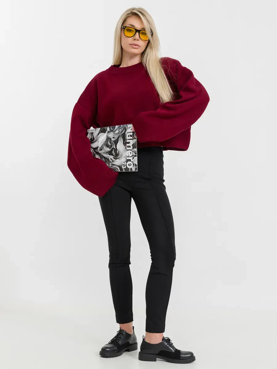 Marbella Sweater by Lauven in burgundy, featuring modern minimalism and oversized sleeves for effortless style.