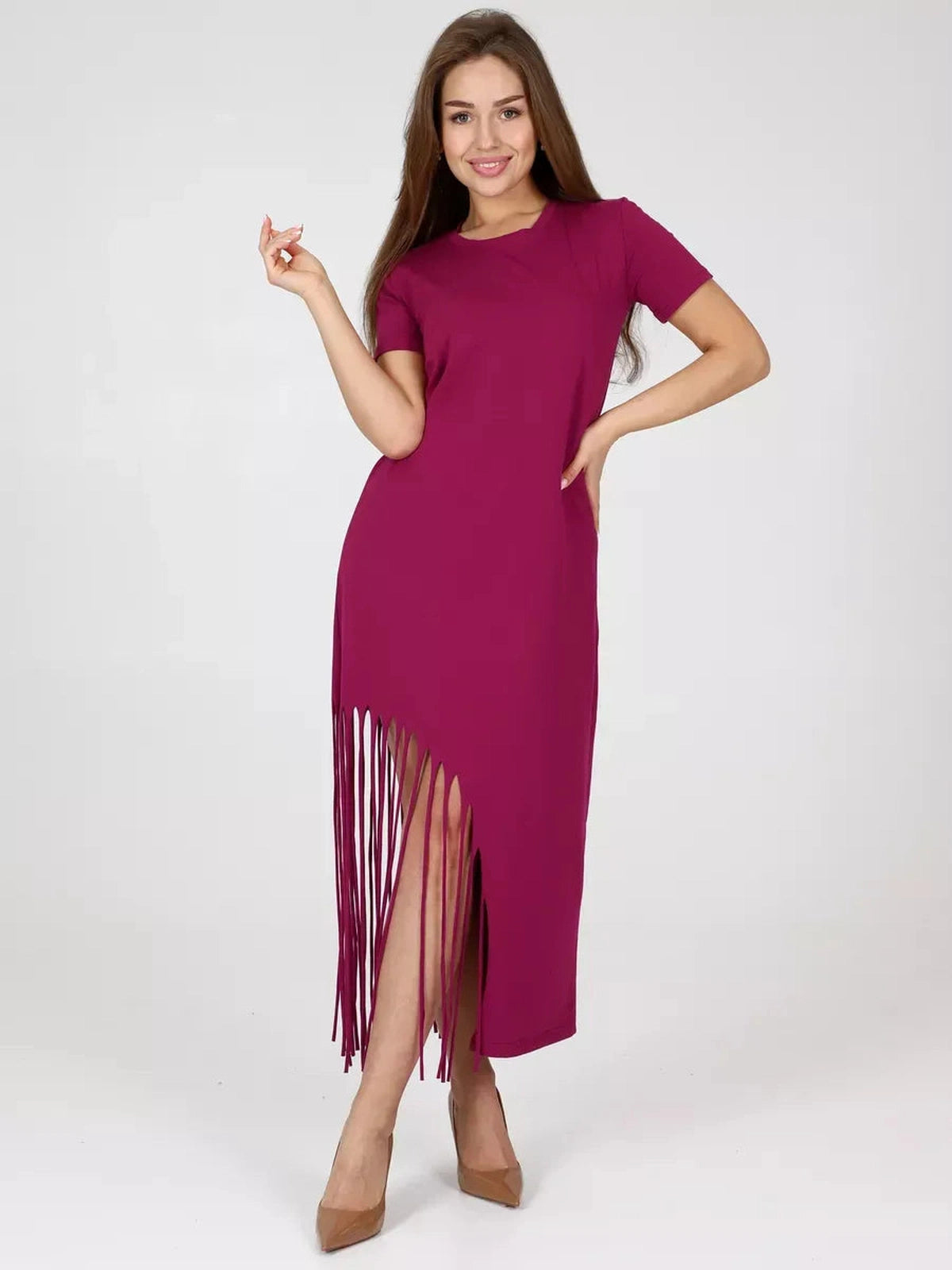 Riviera Midi Dress by Lauven, cotton jersey dress featuring fringe hem and relaxed fit for stylish comfort.