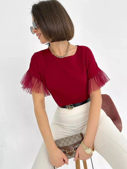 Velora Blouse by Lauven - Burgundy short sleeve blouse with sheer ruffle sleeves, perfect for a chic look.