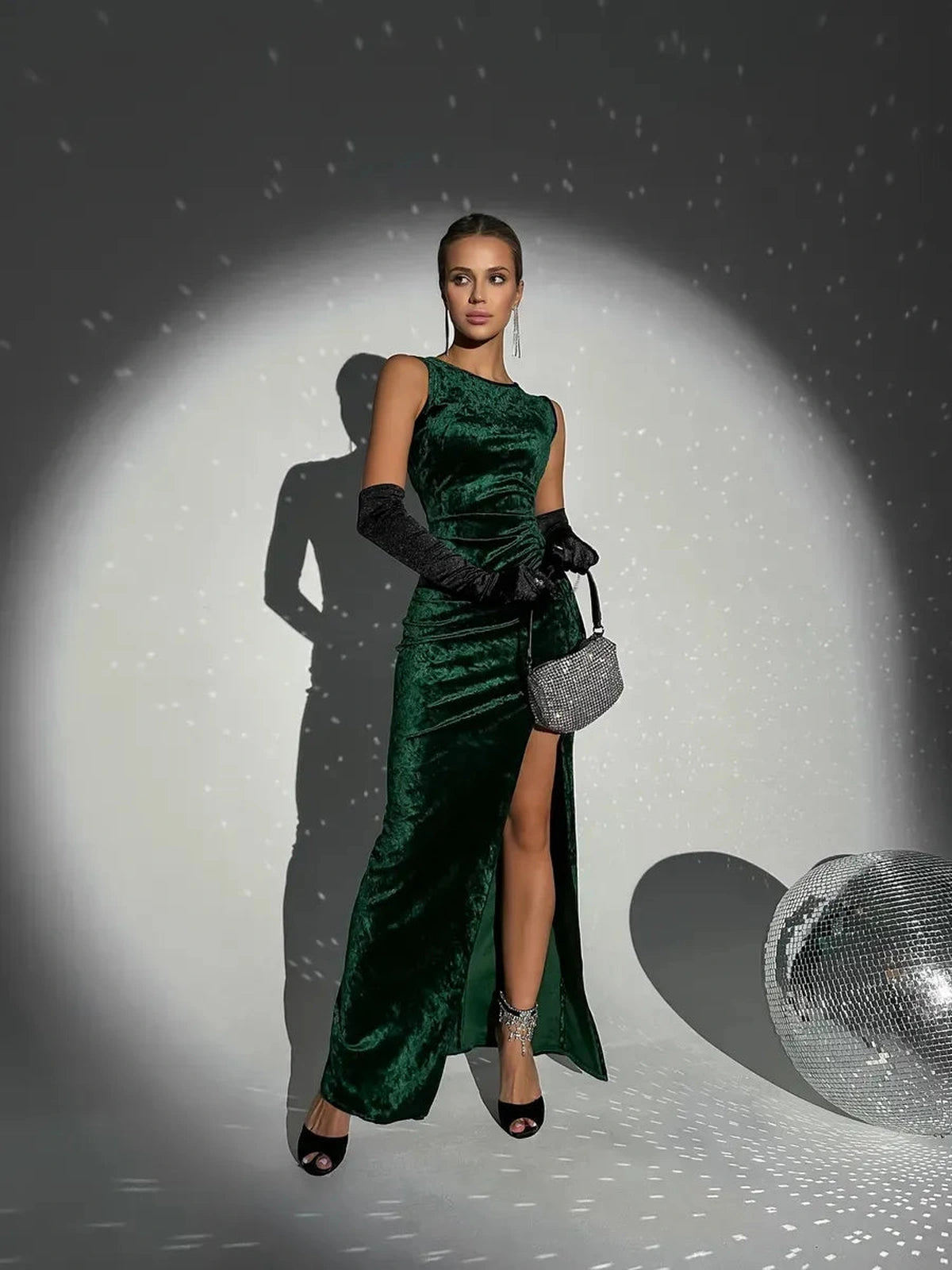Emeralda Maxi Dress by Lauven, luxurious emerald green velvet with high slit, elegant evening wear.