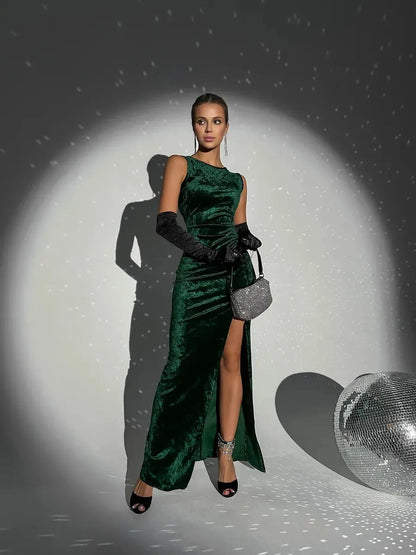 Emeralda Maxi Dress by Lauven, luxurious emerald green velvet with high slit, elegant evening wear.