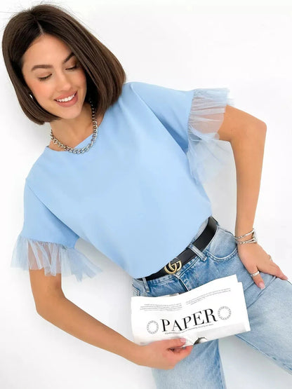 Celeste Blouse from Lauven - Light blue silky short sleeve top with tulle details worn casually.