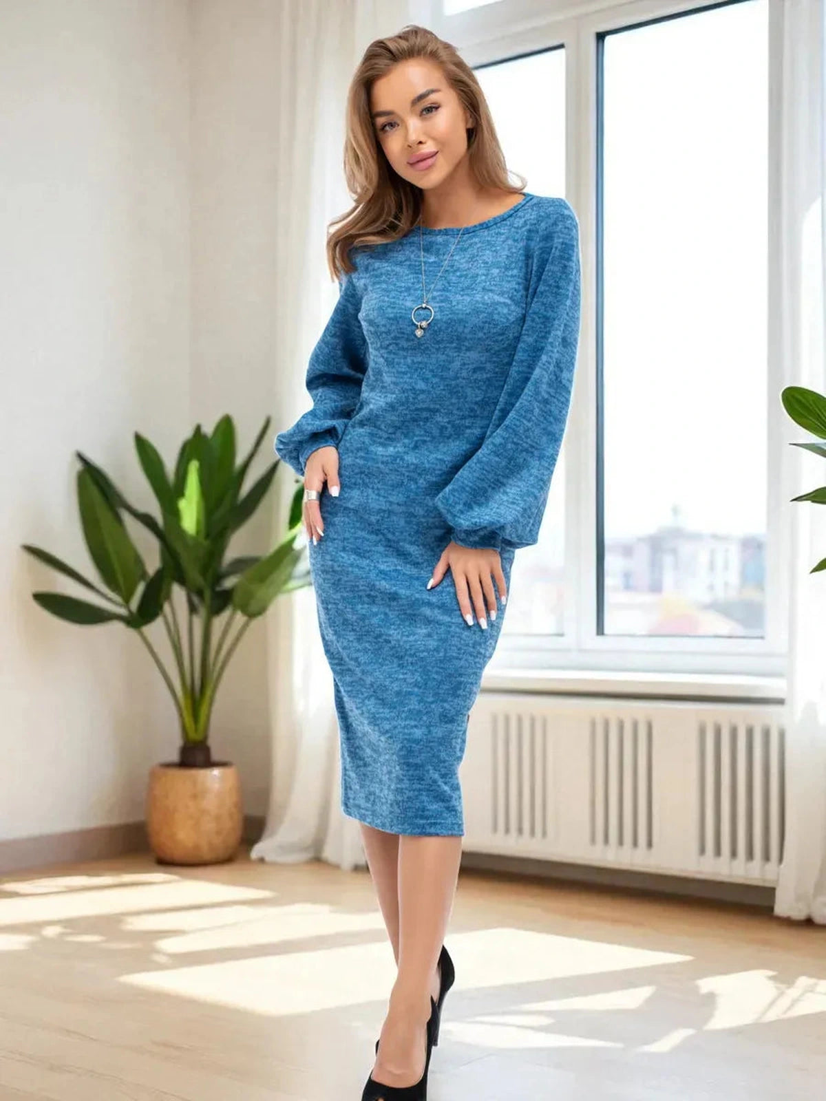 Saphira Midi Dress by Lauven in sapphire blue with elegant boat neckline and voluminous sleeves.