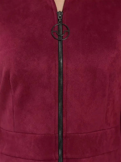 Close-up of the zipper detail on the Lauven Meridian Mini Dress in burgundy, showcasing modern elegance.