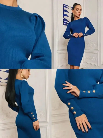 Elegant blue mini dress with ribbed knit, puffed sleeves, and gold-tone buttons for sophisticated style.