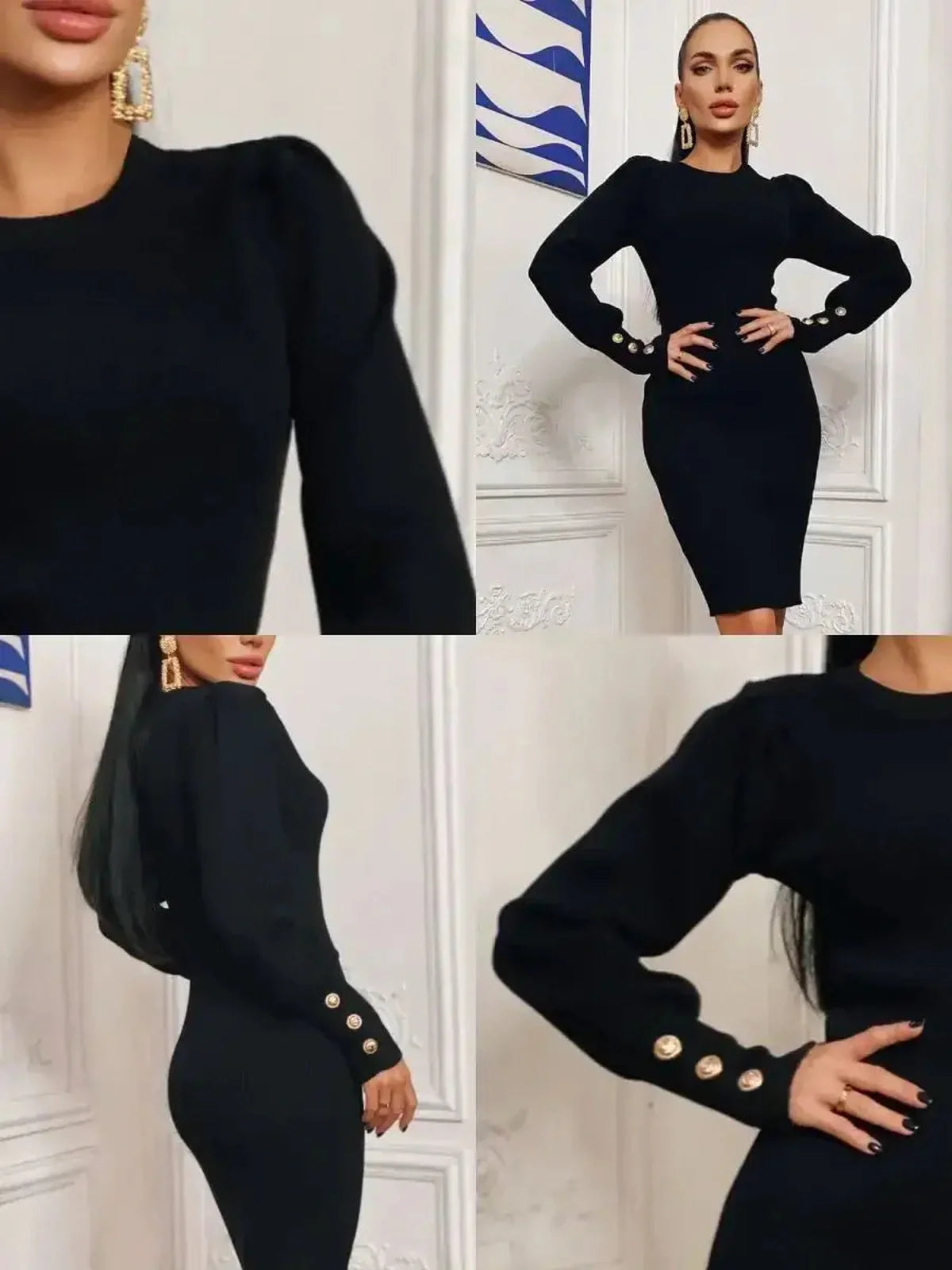 Elegant black mini dress with gathered shoulders and gold-tone buttons on cuffs, showcasing tailored ribbed texture.