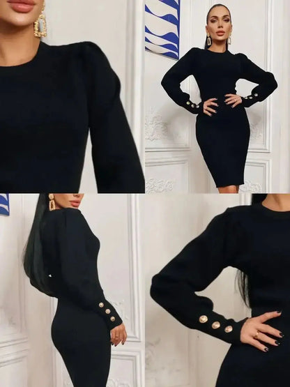 Elegant black mini dress with gathered shoulders and gold-tone buttons on cuffs, showcasing tailored ribbed texture.