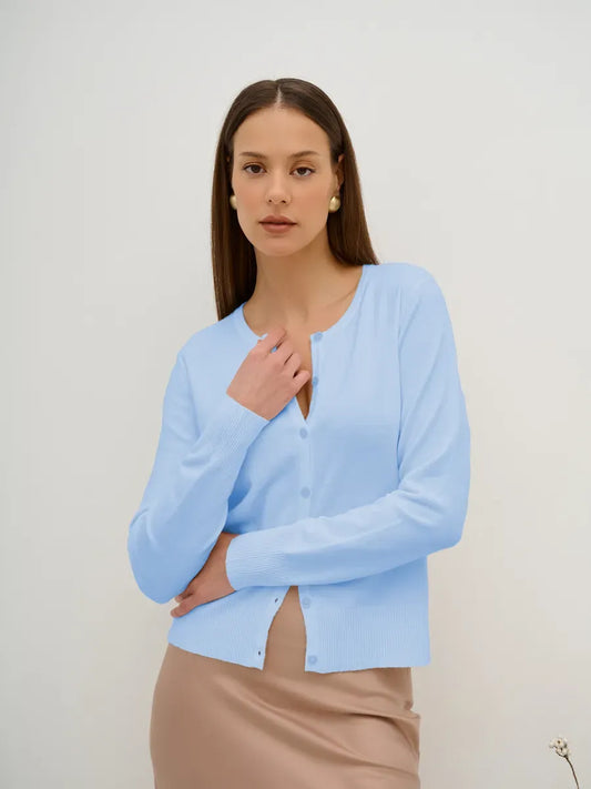 Celeste Cardigan by Lauven in lightweight blue knitwear with button closure, perfect for versatile layered looks.