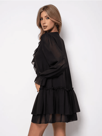 Noirelle Mini Dress by Lauven, elegant black chiffon dress with ruffled layers, showcasing a sophisticated silhouette.