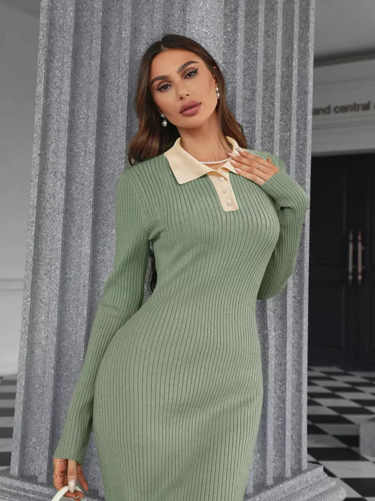 Sage Midi Dress by Lauven - Elegant ribbed knit in sage green with contrasting beige collar and button detail.