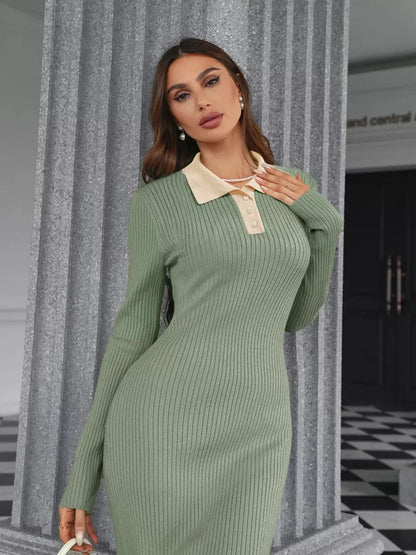 Sage Midi Dress by Lauven - Elegant ribbed knit in sage green with contrasting beige collar and button detail.
