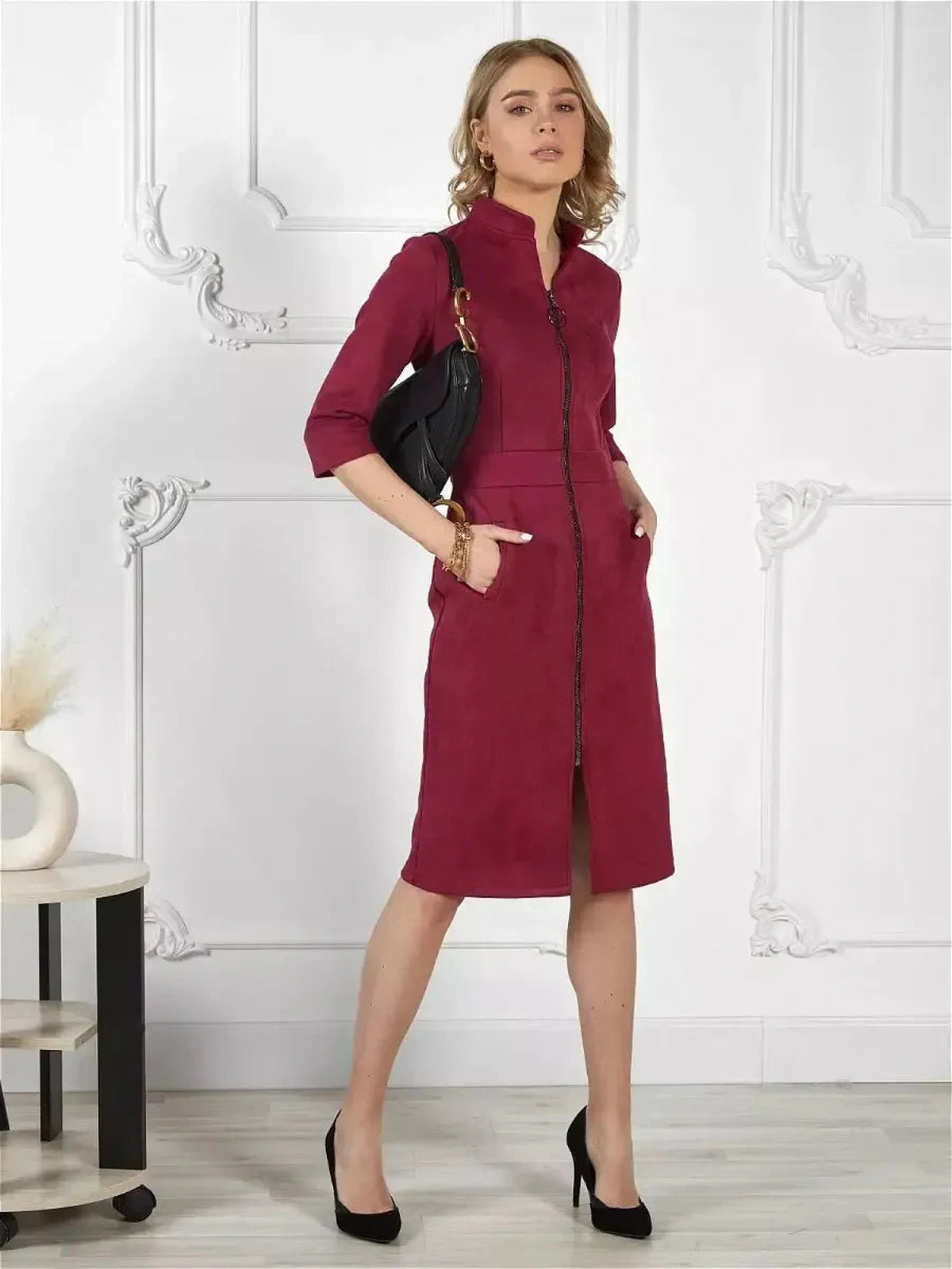 Meridian Mini Dress by Lauven in wine color featuring a structured zip-front silhouette and sleek feminine design.