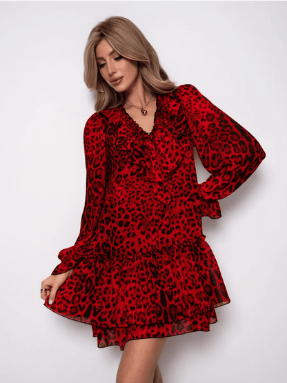 Savanna Mini Dress by Lauven, featuring red leopard chiffon and a flirty silhouette.