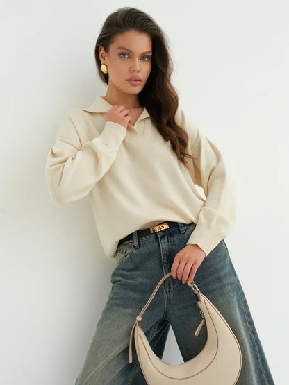 Linen Sweater by Lauven, oversized light beige knit with subtle print, perfect for stylish spring layering.