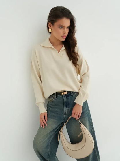 Linen Sweater by Lauven, oversized light beige knit with collar, styled for spring fashion.