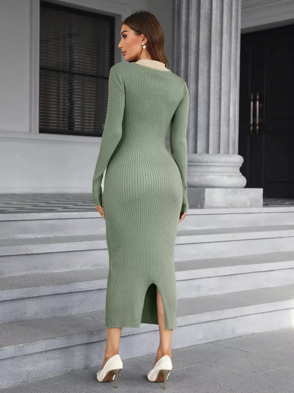 Sage Midi Dress by Lauven featuring a ribbed knit design and a stylish slit, showcasing its elegant fit and sage green color.