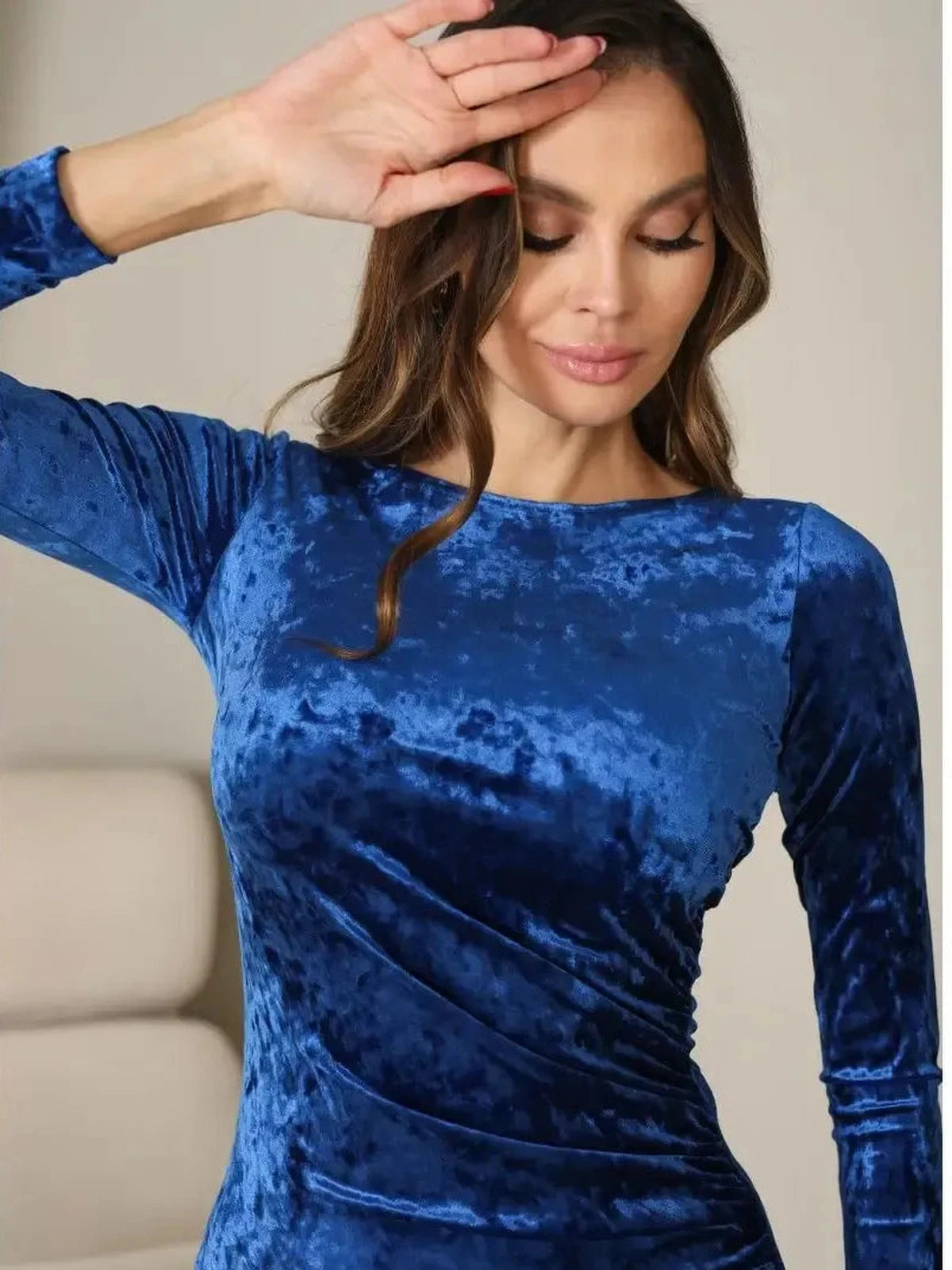 Orion Mini Dress by Lauven in radiant blue velvet featuring long sleeves and a sculpted bodycon fit.