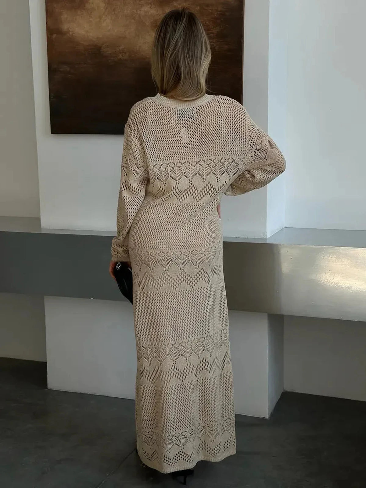 Verona Maxi Dress by Lauven showcasing a beige crochet knit design from the back, perfect for summer elegance.