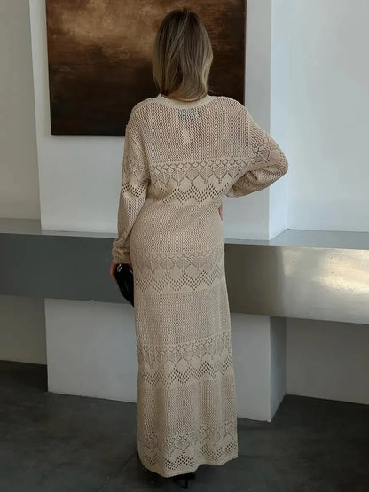 Verona Maxi Dress by Lauven showcasing a beige crochet knit design from the back, perfect for summer elegance.