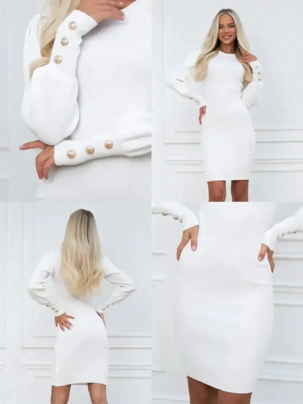 Ivory Curve dress features a fitted white silhouette, voluminous sleeves, and elegant button detailing for a sophisticated look.