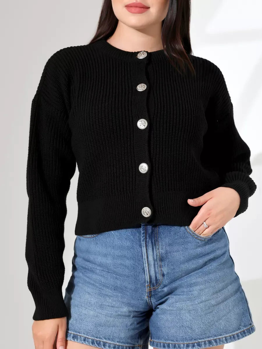 Nova Cardigan by Lauven - Sleek black knitwear with button-front closure and relaxed fit.