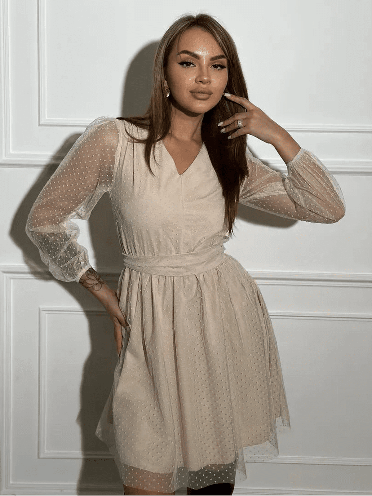 Liora Mini Dress by Lauven featuring elegant ivory chiffon and sheer polka dot sleeves, perfect for any occasion.