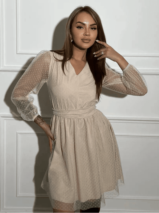 Liora Mini Dress by Lauven featuring elegant ivory chiffon and sheer polka dot sleeves, perfect for any occasion.