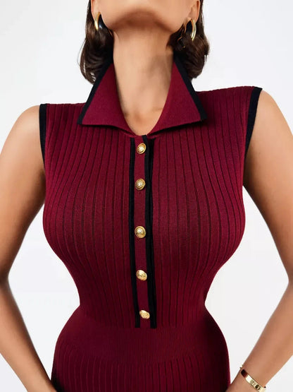 Vespera Midi Dress by Lauven in deep burgundy, showcasing ribbed knit fabric and elegant gold-tone buttons.