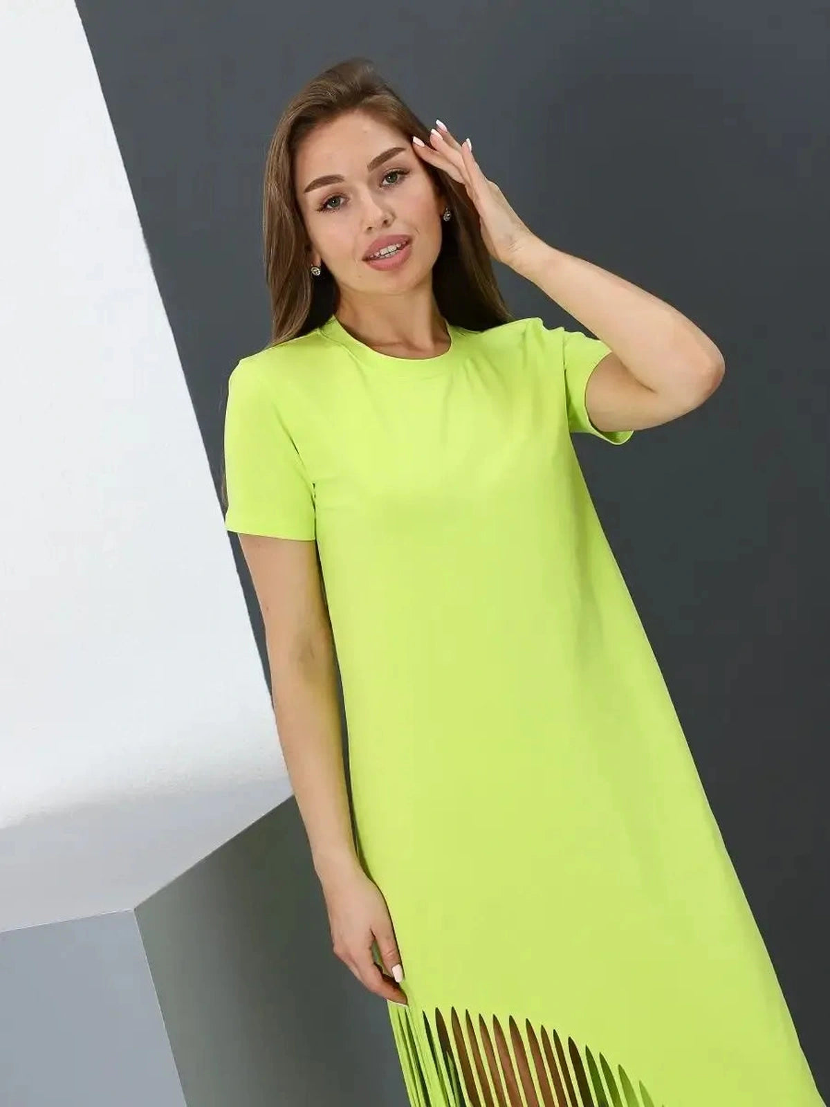 Luma Midi Dress by Lauven, lime cotton midi dress featuring fringe hem and relaxed fit.